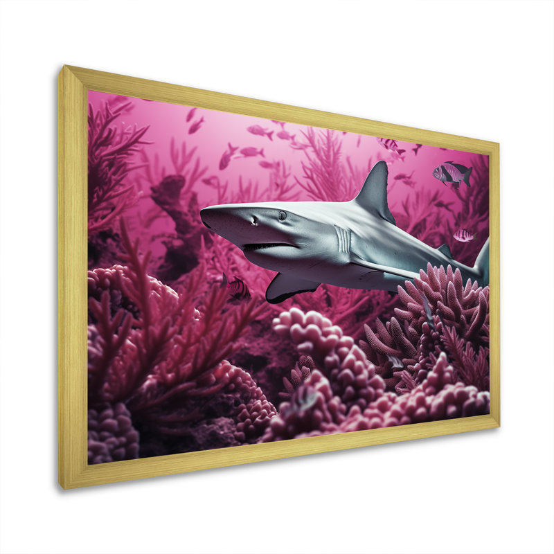 " Hammerhead Purple Sharks ", Gold Single Picture Framed, 34" H x 44" W x 1.5" D