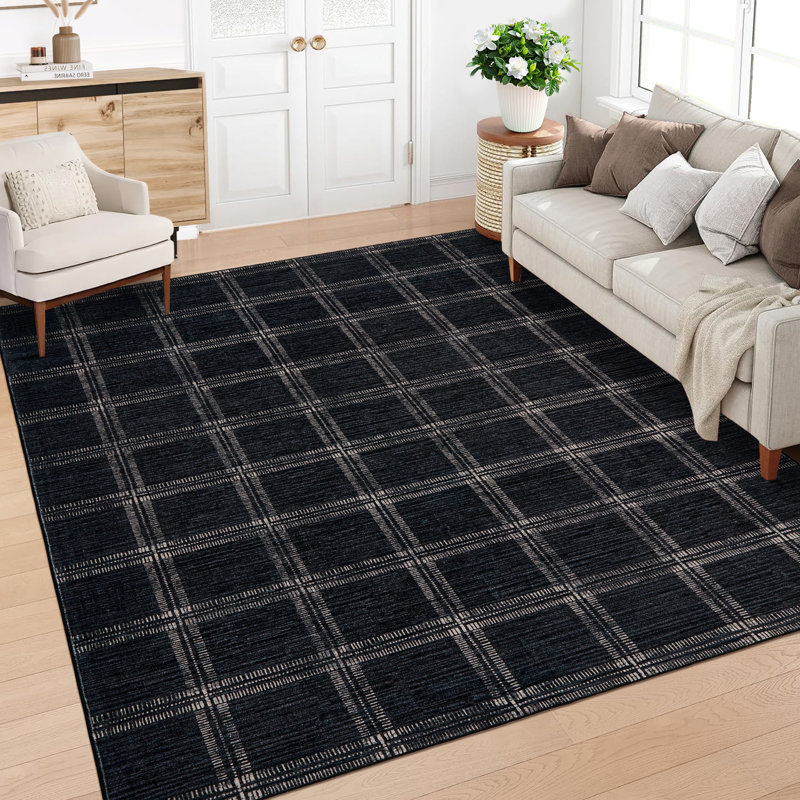 Rectangle Geometric Washable Area Rug, Black, Rectangle 200 x 290 cm