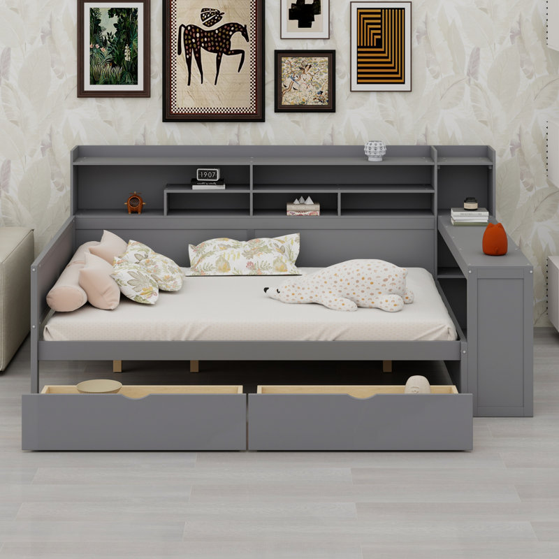 Lit de jour moderne en bois avec tablettes, deux tiroirs et bureau, Gray