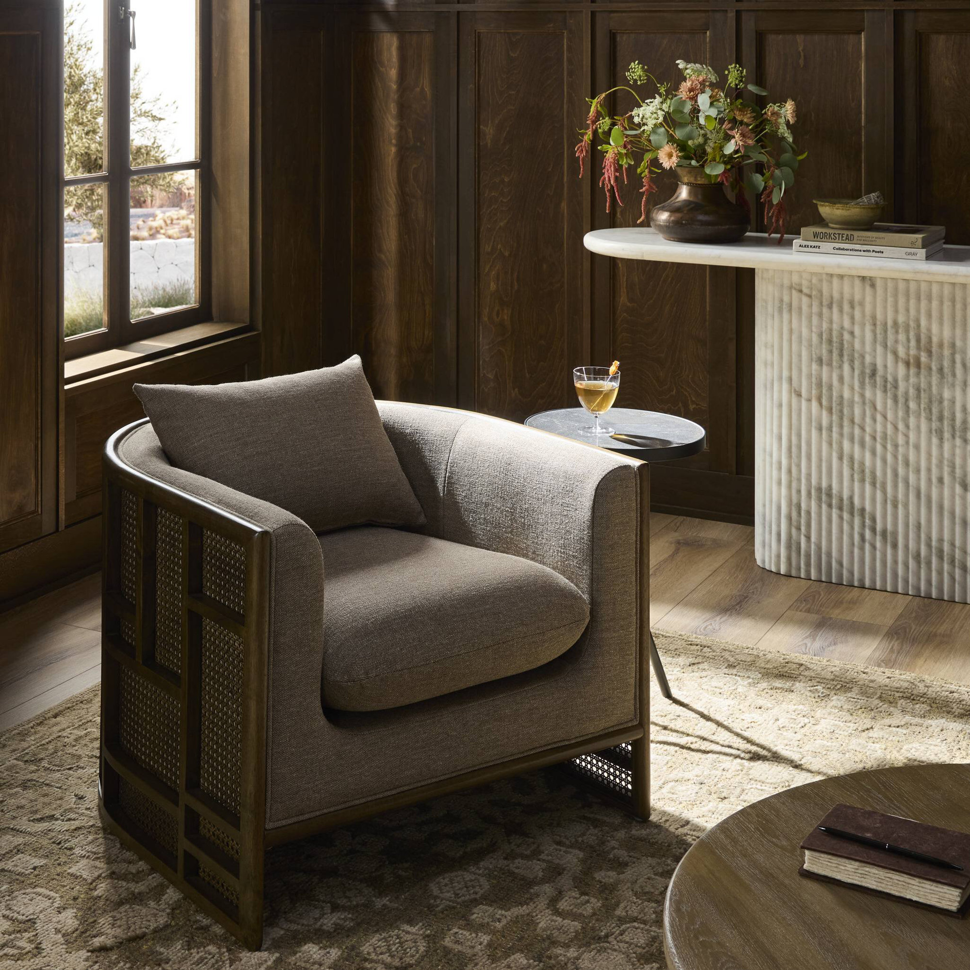 Isidor Upholstered Barrel Chair, Vintage Parawood, Alcala Fawn
