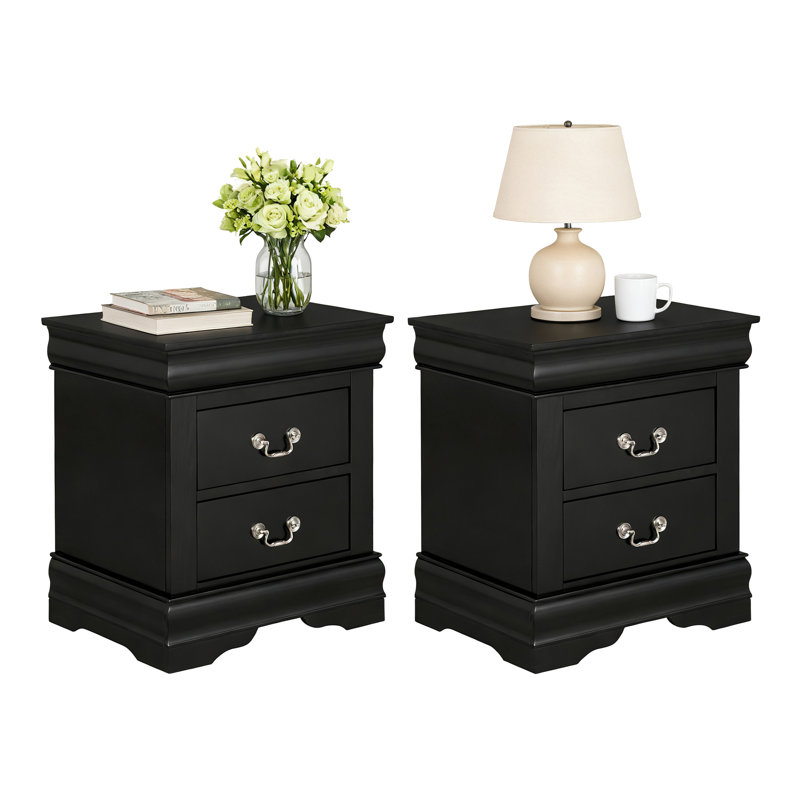 Ensemble de 2 tables de chevet en bois massif avec 2 tiroirs, aucun assemblage requis, Noir
