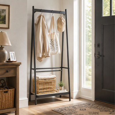 Solid Oak Wood Clothes Rack in Black with Rattan Hanger Rack, Clothes Rack with Shelves, Standing Garment Rack for Hanging Clothes