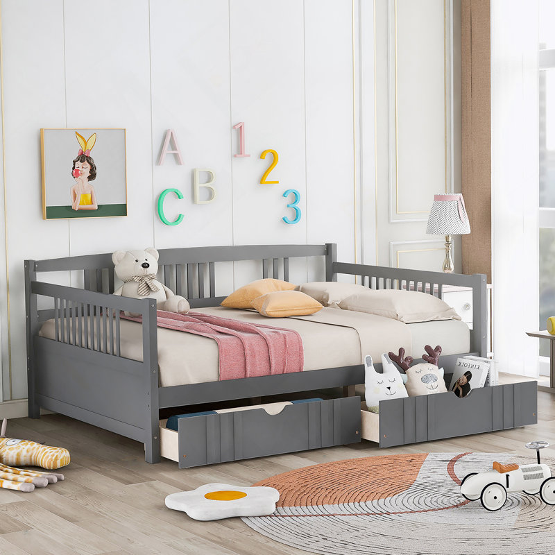 Daybed Wood Bed with Two Drawers, Gray