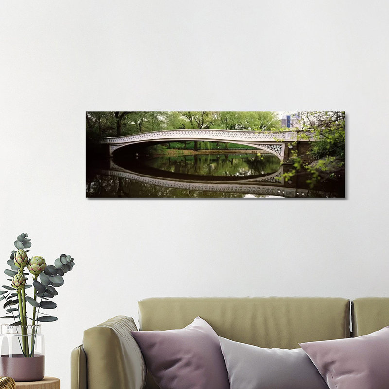 Arch Bridge Across A Lake, Central Park, Manhattan, New York City - Wrapped Canvas Panoramic Print
