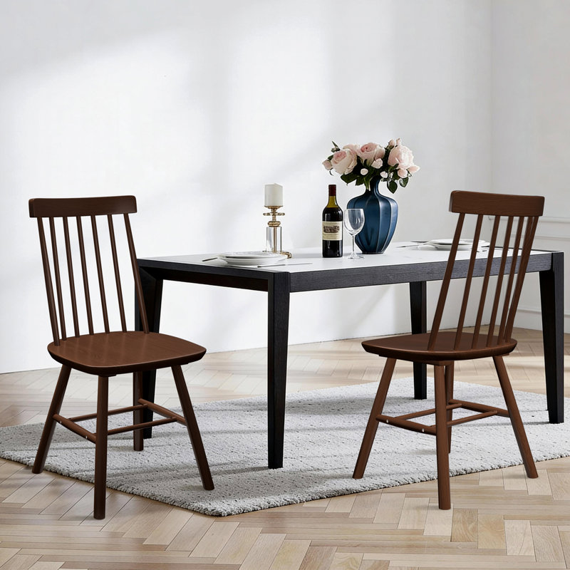 Ensemble de 2 chaises de salle à manger 7 places à dossier étroit Windsor, brun, en bois franc massif, Brun, 2