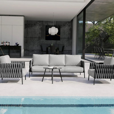 5-Piece Outdoor Patio Rattan Sofa Conversation Set Olefin Rope with 3 Seats & 2 Chairs, 2 Tables for Backyard, Poolside,Gray