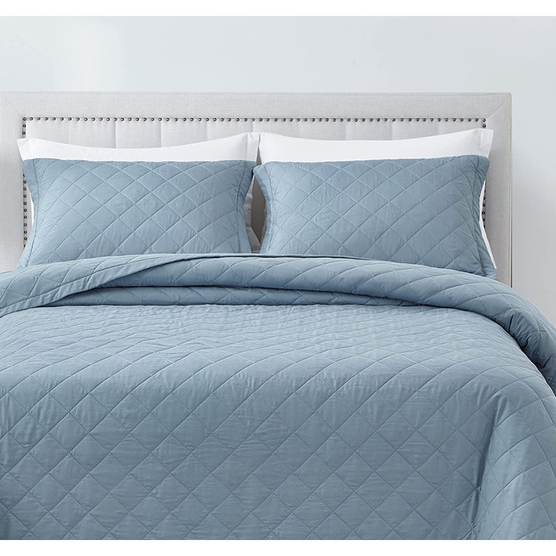 3 Piece Diamond Stitch Lightweight Cooling Quilt Set, Blue, King Quilt + 2 Standard Shams