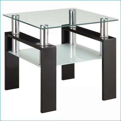 Table basse à plateau en verre noir avec tablette, pièce de salon polyvalente, facile à nettoyer