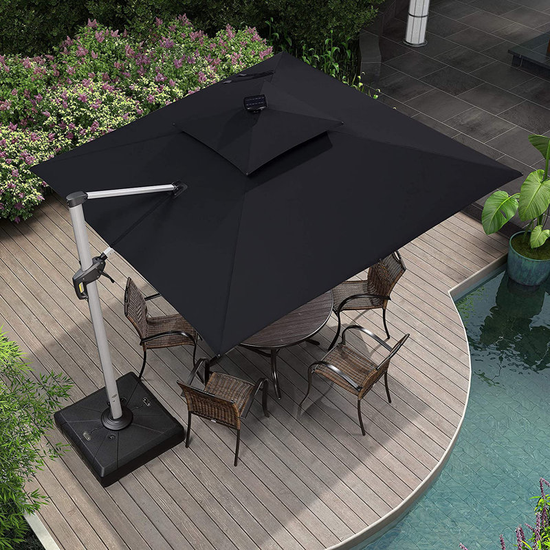 Mace 10' 9.9" Square Lighted Cantilever Umbrella With Base, Black