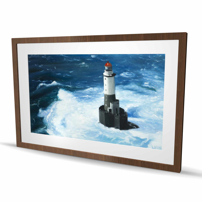 Unleashed Waves on a Lighthouse | White Sea Framed Print