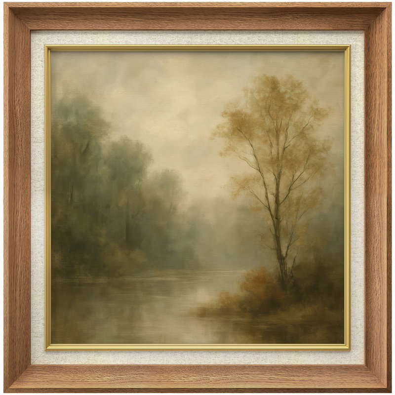 «Misty Forest River Landscape with Soft Neutral Tones», reproduction d'art sur toile encadrée, H 26 po x l 26 po x P 1,5 po