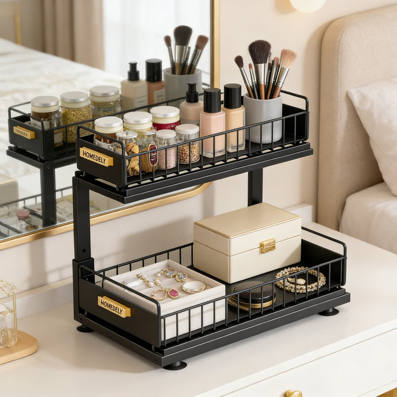 Tiroir de rangement sous l'évier, étagère de rangement coulissante à 2 niveaux pour garde-manger de cuisine, support de rangement en métal robuste pour maximiser l'espace vertical