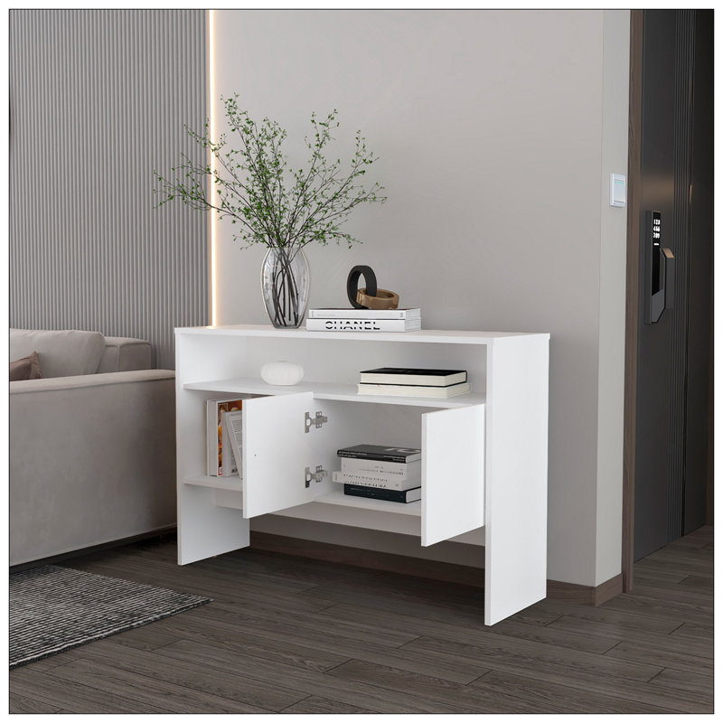 Console Bylas en mélamine avec deux portes de rangement ouvertes, blanc, Blanc