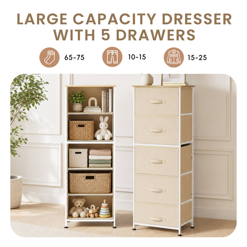 Ojaswi 5-Drawer Vertical Dresser with Wood Top for Bedroom, Chest of Drawers with Strudy Steel Frame for Small Space, Storage Tower for Closet, Hallway