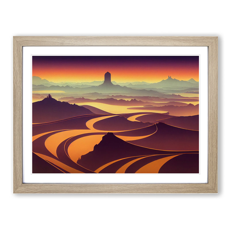 Art Deco Sunset Landscape - Single Picture Frame Print, 34cm H x 46cm W, Grey