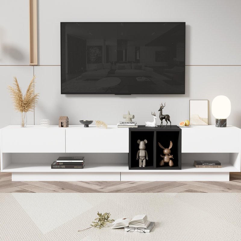 Sleek Tv Console With Hidden Compartments: For 80" Tvs, Black Finish Stylish Media Compartment For Privacy: Fits Up To, White