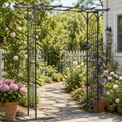 82 Inch Heavy Duty Metal Garden Arbor Trellis Arch, Weather Resistant Steel Frame with Elegant Scrollwork, Outdoor Wedding Ceremony & Climbing Plant Support Arch