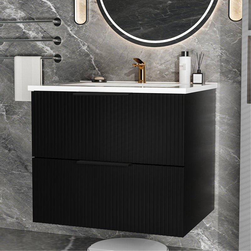 Meuble-lavabo suspendu noir moderne de 61 cm (24 pouces) avec lavabo en céramique et tiroir en forme de U, grand espace de rangement pour les produits de soins personnels. Tiroirs cannelés pour une durabilité accrue et une ouverture/fermeture fluide.