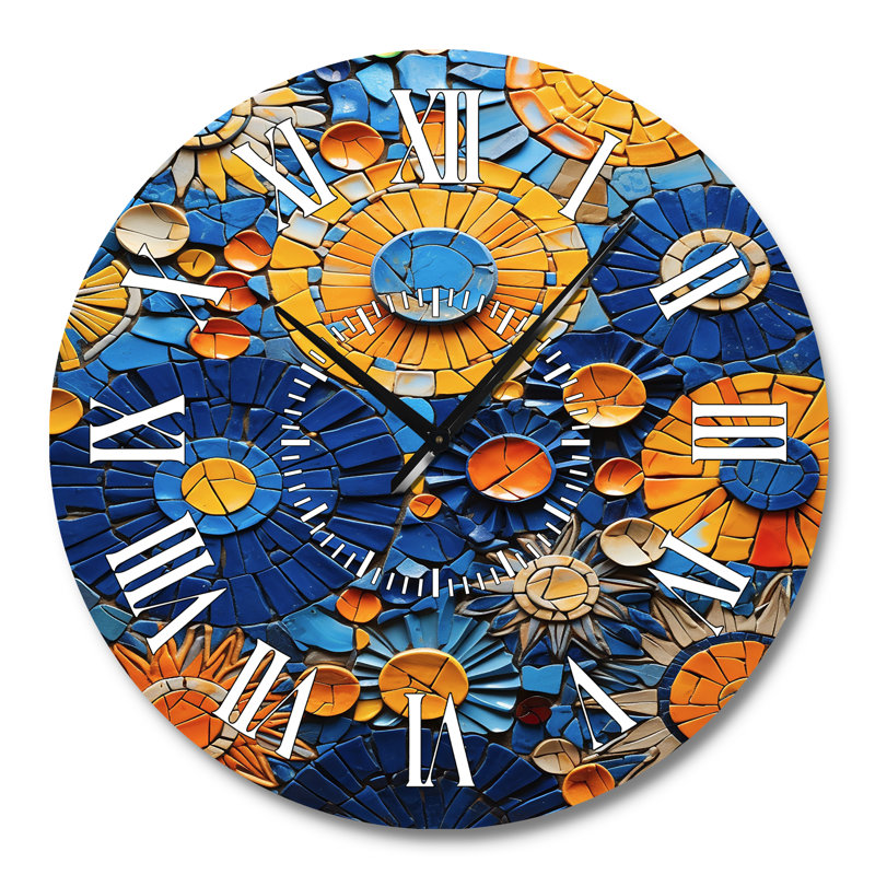 Horloge murale jaune et bleue à carreaux de mosaïque 2 - Boho, Grand