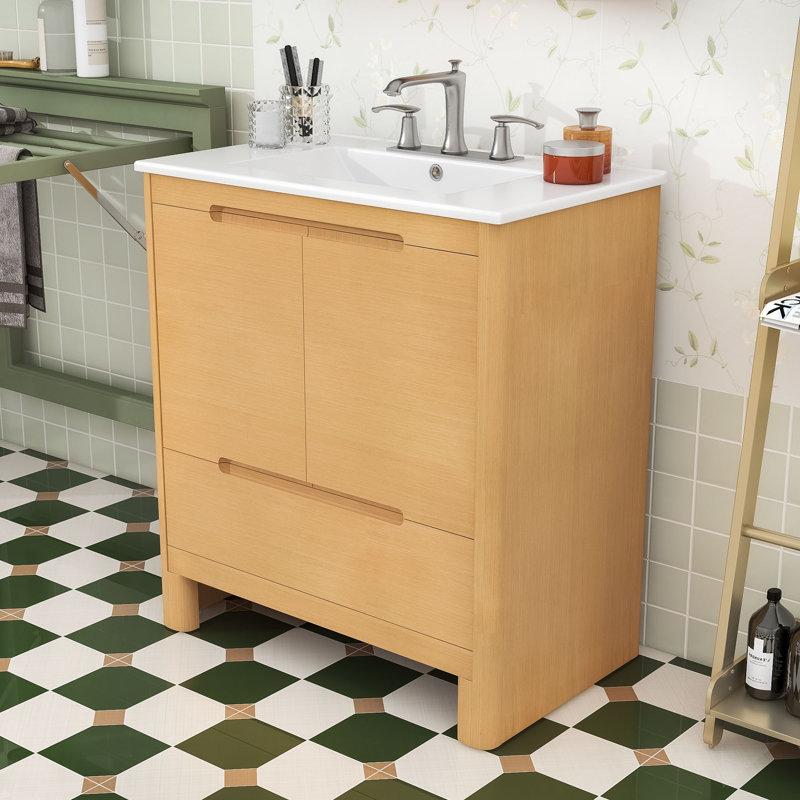 Modern Bathroom Vanity with Soft-Closing Storage, Adjustable Shelf and Durable Ceramic Sink, Oak