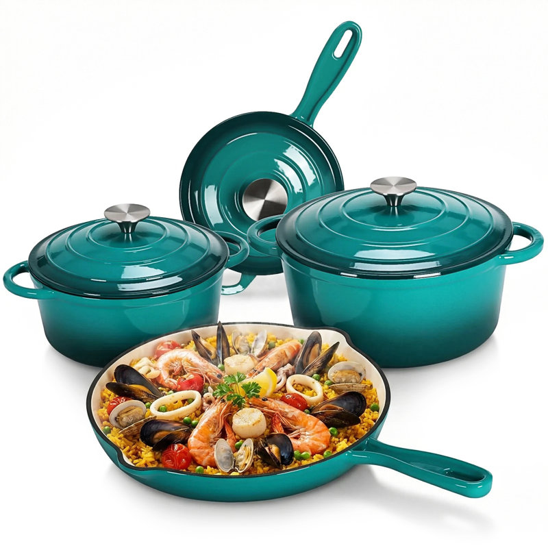 Pirecart Nonstick Enameled Cast Iron Cookware Set, 7Pcs Pots And Pans Set, Gas/Induction Dutch Oven Set, Green, Green