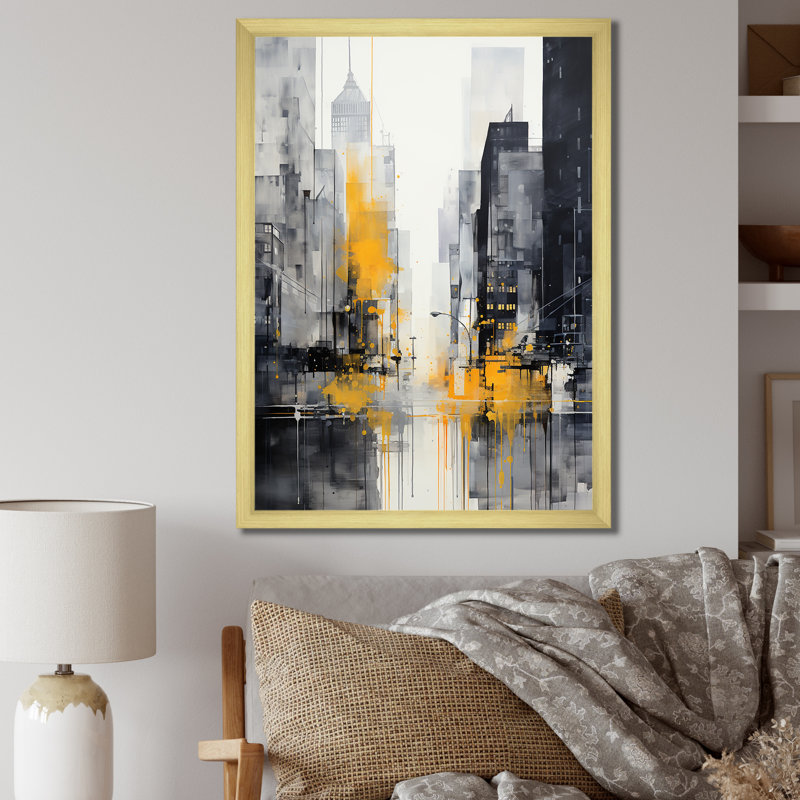 Gris gris, jaune, minimalisme, rythmes de la ville III sur toile, H 44 po x l 34 po x P 1,5 po, Encadrement doré