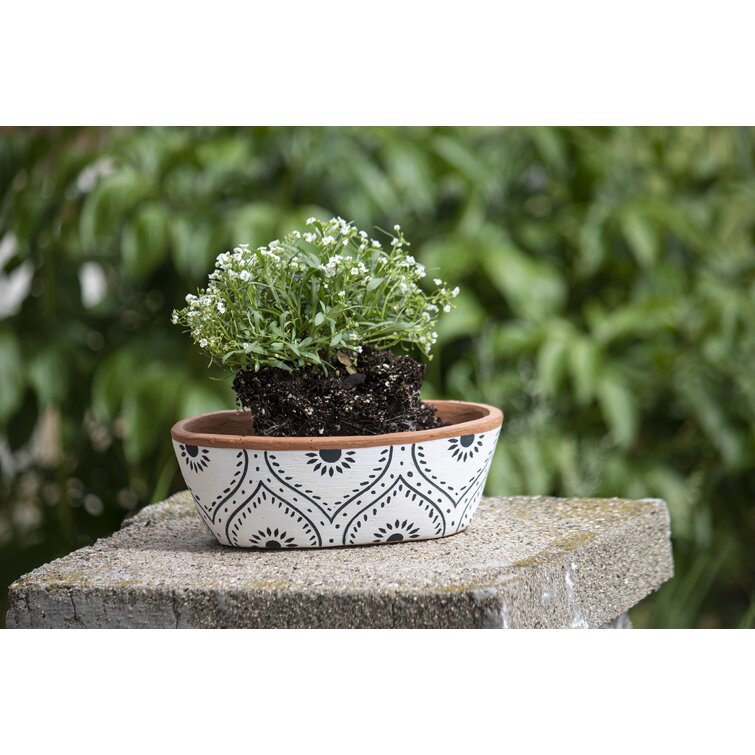 Foreside Home & Garden Natural Handthrown Oval Terracotta Planter with Handpainted Block Pattern