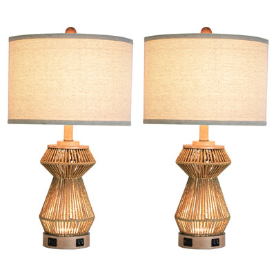 24'' Boho Handwoven Rope Table Lamp Set of 2 with Night Light and Dual USB A+C Charging Ports