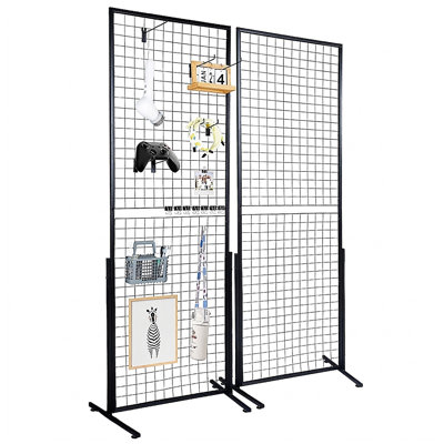2 Pack Gridwall Display Panel Tower with T Base, Double Sided Wire Grid Rack, 24.29 x 67.56 Inch with 15 Hooks and Leveling Feet, 60 Pound Capacity