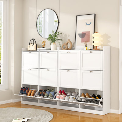 Narrow Shoe Storage Cabinet with 6 Flip out Drawers and Storage Top, Shoe Rack with Diamond Handles (Set of 2)
