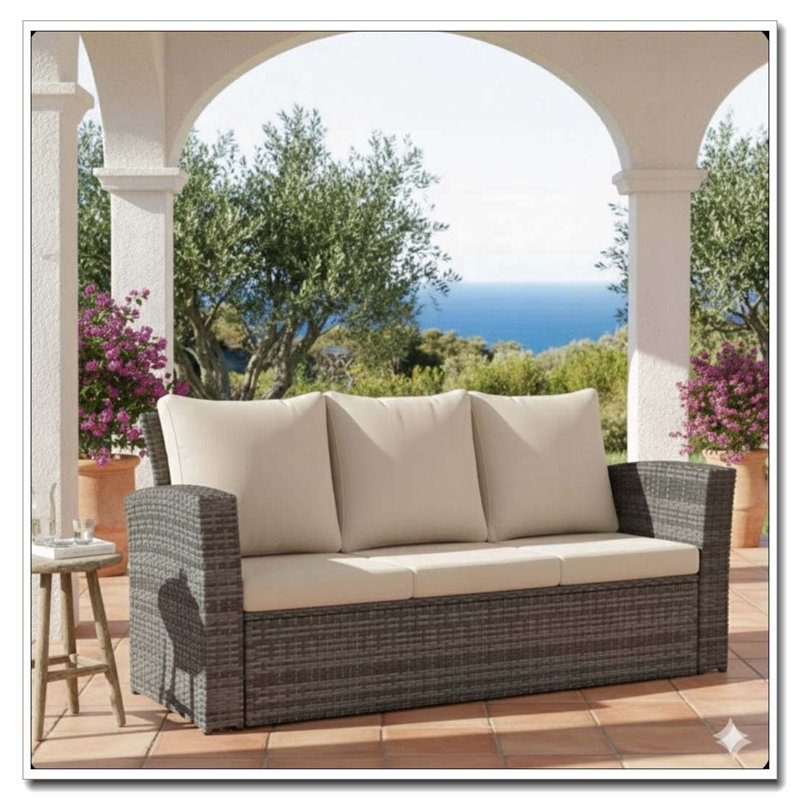 67.7 All-Weather Wicker 3-Seat Patio Sofa with Thick Beige Cushions, Beige