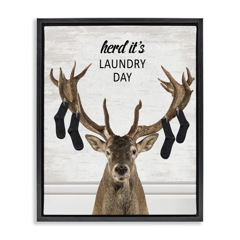 Laundry Elk with Hanging Socks Floating Frame, design by Lettered and Lined, 31" H x 25" W, Jet Black Floater Frame