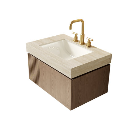 Meuble-lavabo et lavabo 30 po, armoire de rangement flottante en contreplaqué avec tiroir et porte, comptoir en pierre frittée Roma Travertine et lavabo en céramique avec 3 trous de robinet pré-percés, pré-assemblé, grain de bois Heidelberg
