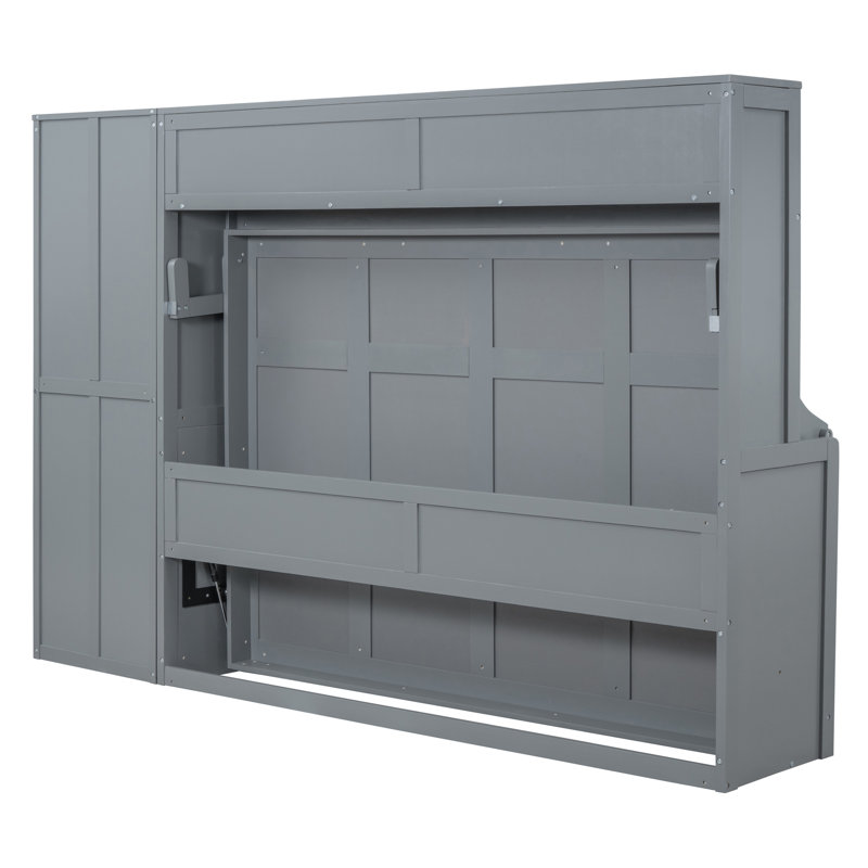 Grand lit escamotable mural avec placard et tiroirs, Gris