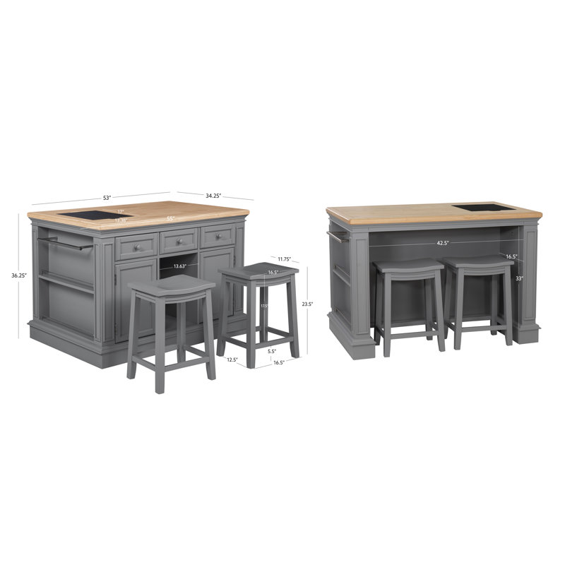 Îlot de cuisine avec 2 tabourets Posie, Gris