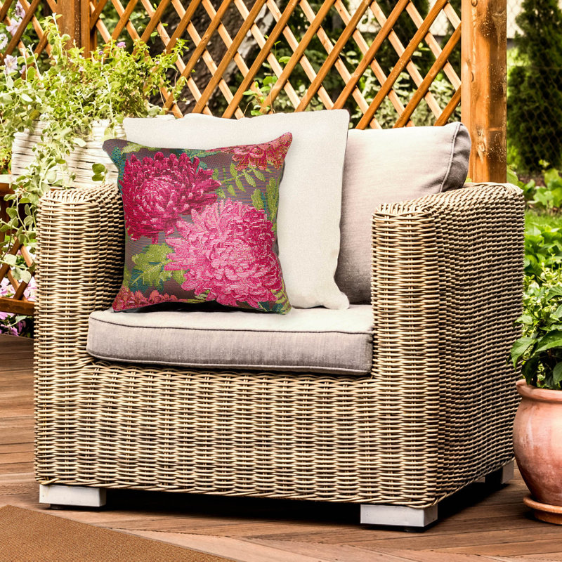 Fuchsia and Green Floral Polypropylene Indoor/Outdoor Pillow, 18" x 18"