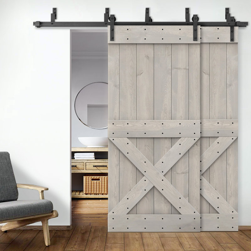 Porte de grange à double bricolage avec panneau coulissant en bois teinté Mini X Series, 84 po x 84 po, Gris argenté