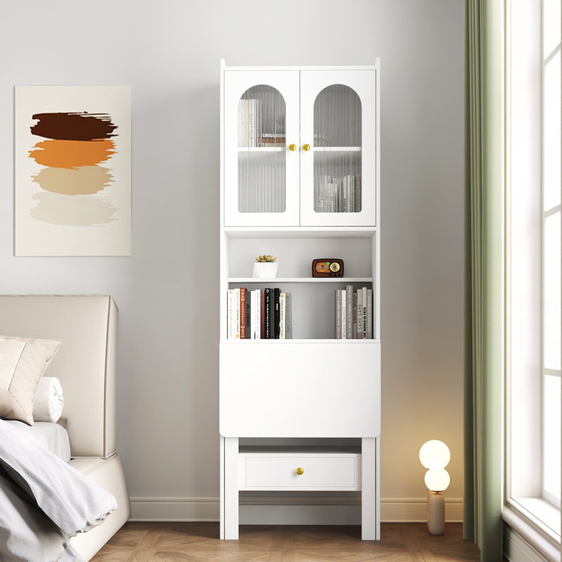 Fold-Out Convertible Writing Table, Desk Cabinet with Shelf and Drawer for Multi-Function Home Office Workstation, White