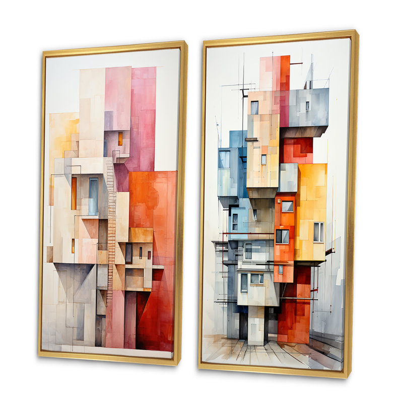 «Constructivism Construit Horizons I», 2 pièces sur toile, Encadrement doré, H 40 po x l 40 po