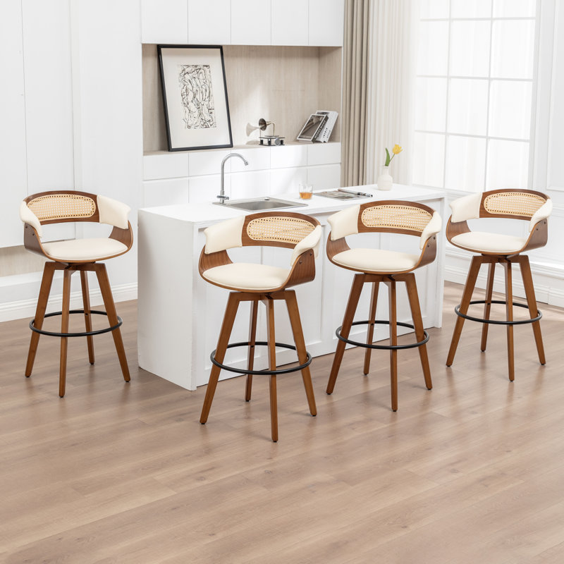Swivel Upholstered Cane Back Counter Height (Set of 4), Beige, 4, Counter Stool (26.37" Seat Height)