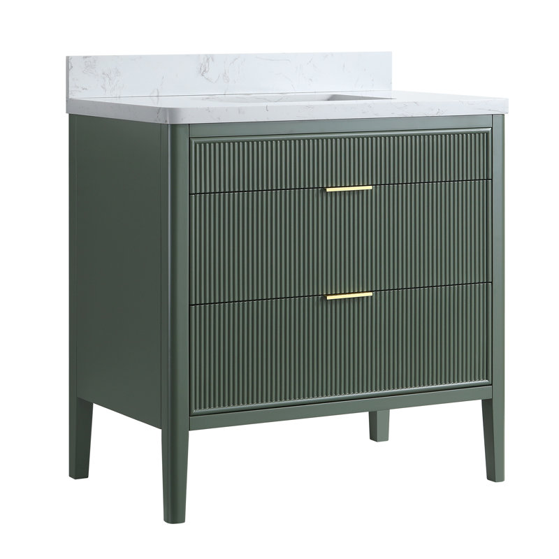 Meuble-lavabo autoportant entièrement assemblé avec plateau en marbre d'ingénierie, Vert, 36