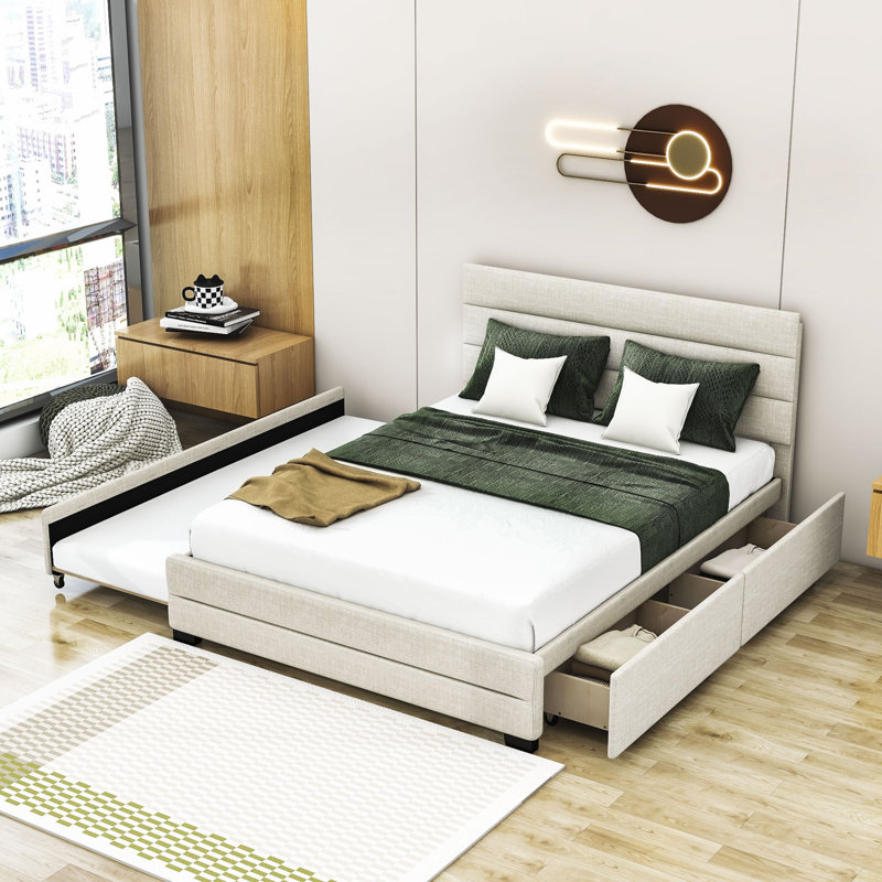 Grand lit plateforme tapissier avec lit gigogne et tiroir Hamden, Beige