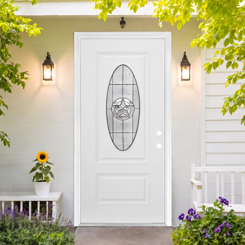 Porte d'entrée Piper 36 po × 80 po en fibre de verre avec cadre, fini lisse blanc, triple vitrage ovale Texas-Star Snowflake