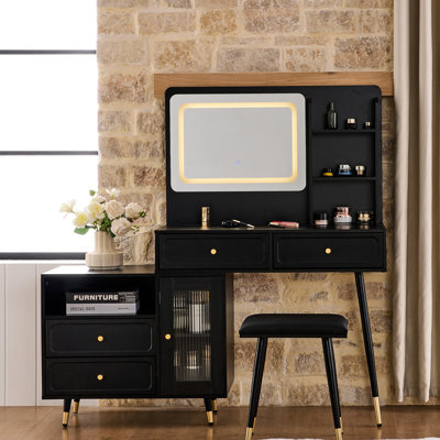 Philip Retractable Makeup Vanity with LED Mirror, Cabinet, Charging Ports & Stool