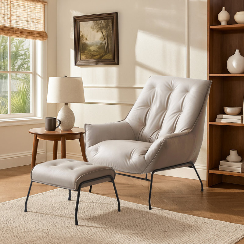 Ensemble de fauteuil et repose-pieds 2 pièces Quiza, cuir fleur, Cuir véritable kaki