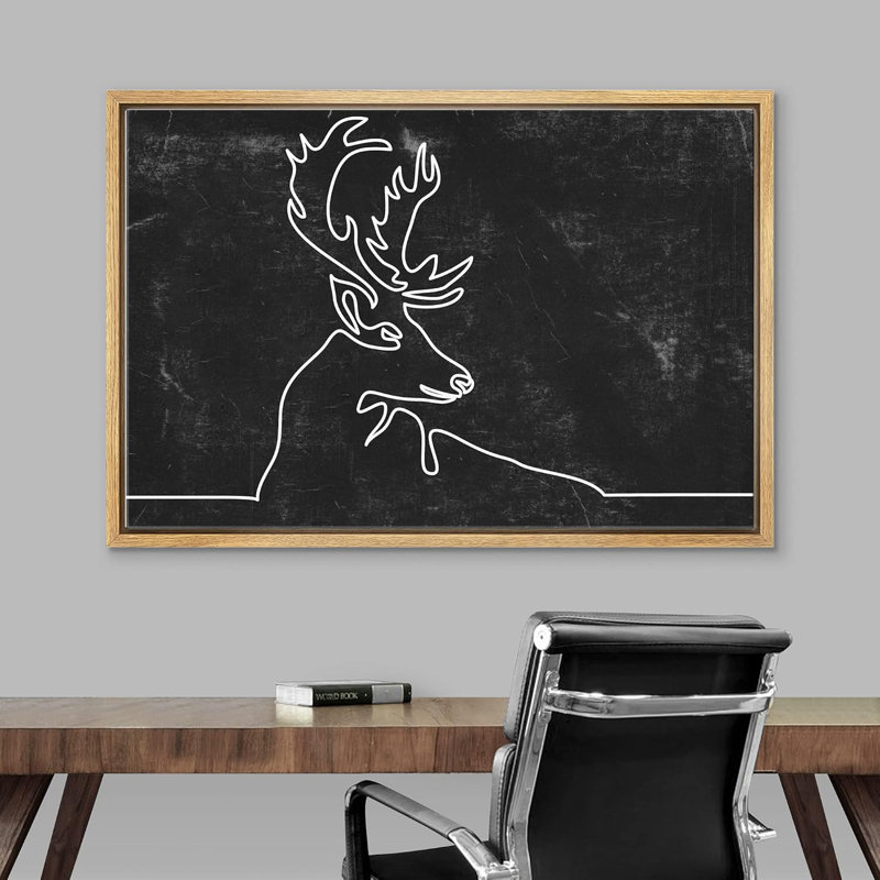 Dessin au trait élan avec cornes, illustrations abstraites minimaliste contemporain noir et blanc foncé, H 16 po x l 24 po