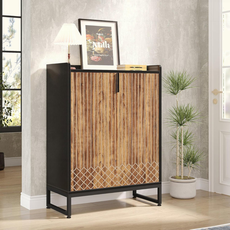 5 Tiers Shoe Storage Organizer, Freestanding Shoe Cabinet with Doors for Entryway Hallway, Brown/Black