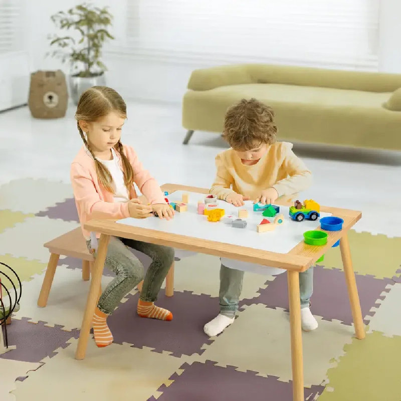 Table sensorielle pour enfants avec tabouret, table d'activités pour enfants avec 2 bacs de rangement, 2 porte-stylos et rouleau de papier, table multifonctionnelle pour le jeu, la lecture, l'artisanat, la couleur du bois