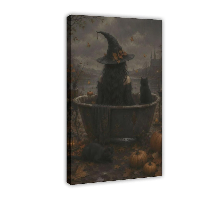Gothic Witch Bathroom Wall Art - Vintage Dark Aesthetic Canvas Prints Painting, Cute Black Cat Bathing in Tub Poster, Whimsical Autumn Room Decor Pictures for Restroom Washroom Framed 8" L X 12" W