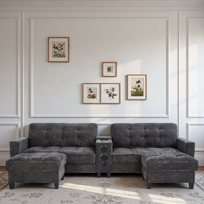 Modern U-shaped Sectional With Movable Storage Ottomans, Multifunctional Console, Bluetooth Speakers And Led Lights